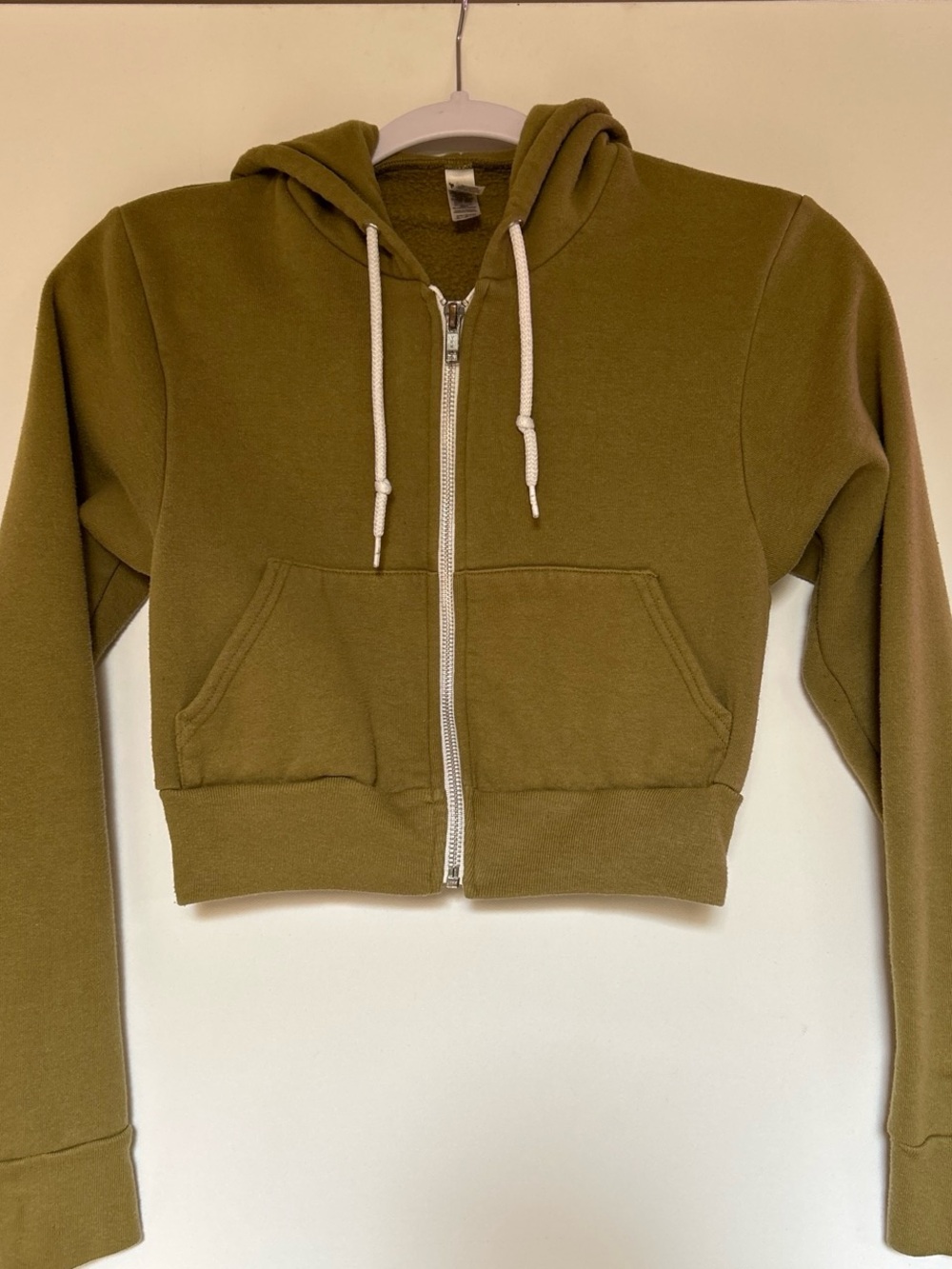 Women’s cropped American apparel hoodie in olive green, size small